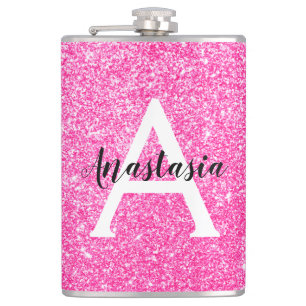 Girly Glam Hot Pink Glitter Sparkles Monogram Name Flask