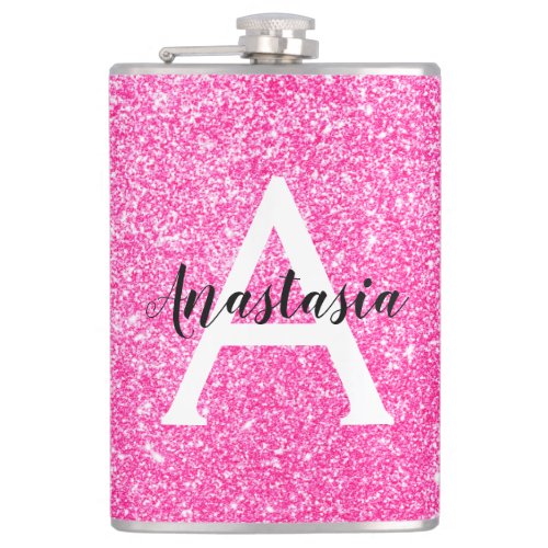 Girly Glam Hot Pink Glitter Sparkles Monogram Name Flask