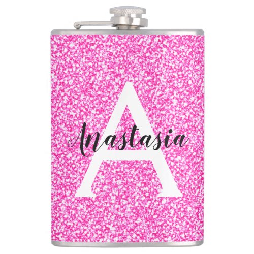 Girly Glam Hot Pink Glitter Sparkles Monogram Name Flask