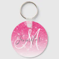 Girly Glam Hot Pink Glitter Sparkles Monogram Name Keychain