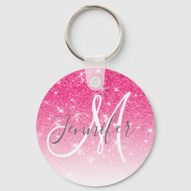 Girly Glam Hot Pink Glitter Sparkles Monogram Name Keychain (Front)