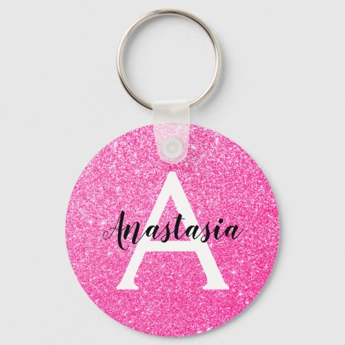Girly Glam Hot Pink Glitter Sparkles Monogram Name Keychain