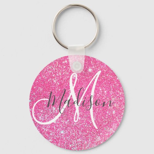 Girly Glam Hot Pink Glitter Sparkles Monogram Name Keychain