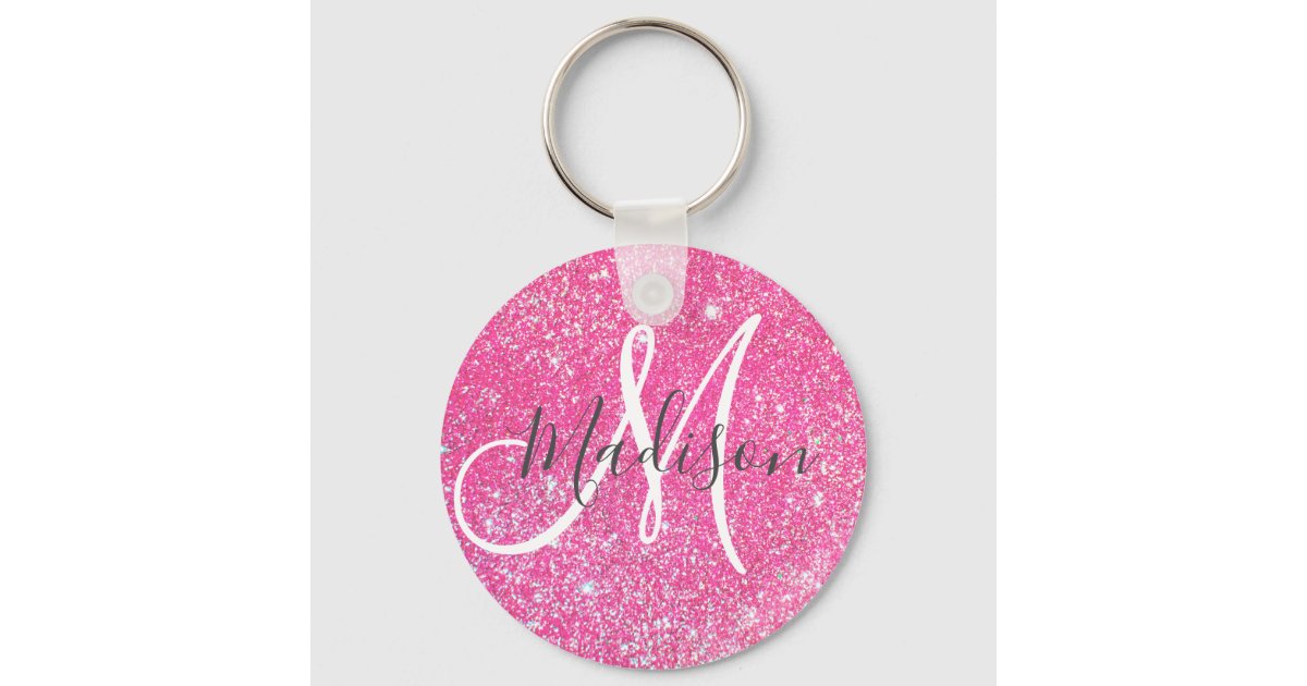 Girly Glam Hot Pink Glitter Sparkles Monogram Name Keychain