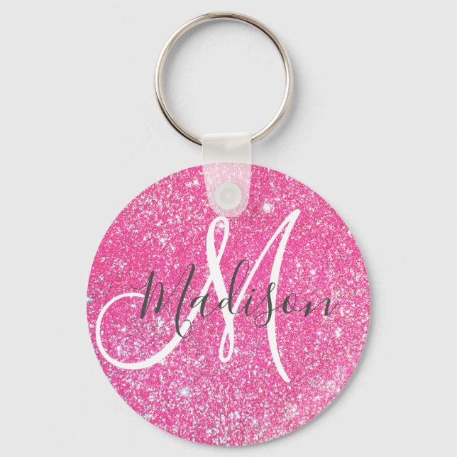 Girly Glam Hot Pink Glitter Sparkles Monogram Name Keychain (Front)