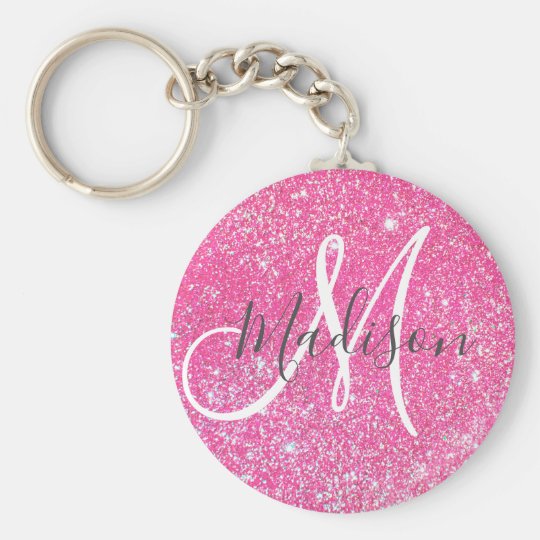 Girly Glam Hot Pink Glitter Sparkles Monogram Name Keychain | Zazzle.com