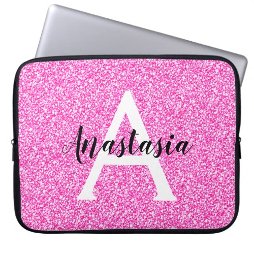 Girly Glam Hot Pink Glitter Sparkles Monogram Name Laptop Sleeve