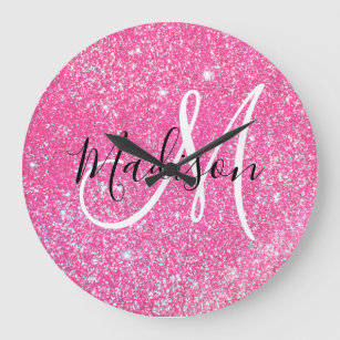Girly Glam Hot Pink Glitter Sparkles Monogram Name Large Clock
