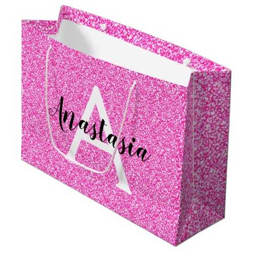 Girly Glam Hot Pink Glitter Sparkles Monogram Name Large Gift Bag