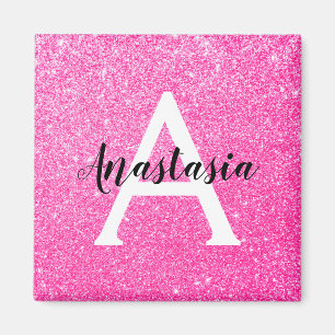 Girly Glam Hot Pink Glitter Sparkles Monogram Name Magnet