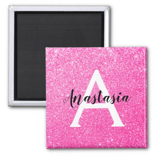 Girly Glam Hot Pink Glitter Sparkles Monogram Name Magnet