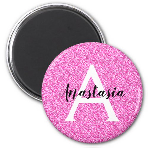 Girly Glam Hot Pink Glitter Sparkles Monogram Name Magnet