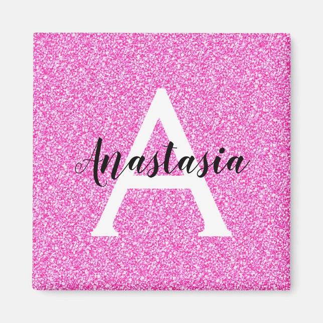 Girly Glam Hot Pink Glitter Sparkles Monogram Name Magnet (Front)
