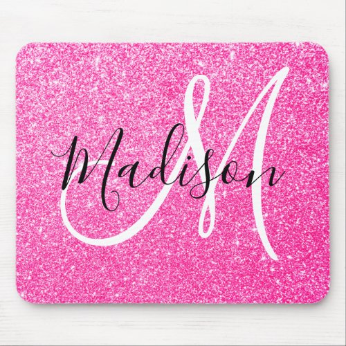 Girly Glam Hot Pink Glitter Sparkles Monogram Name Mouse Pad