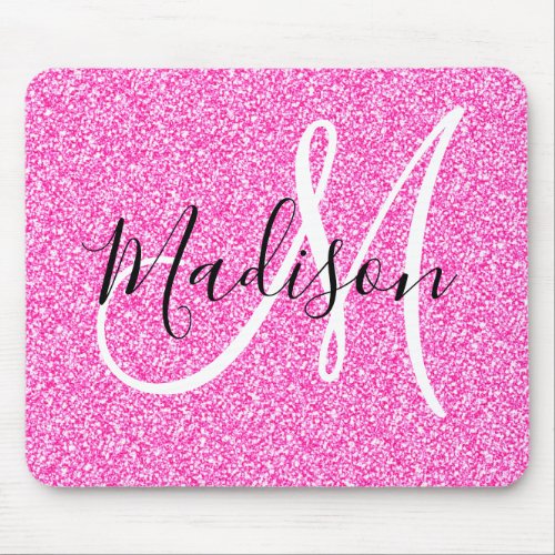 Girly Glam Hot Pink Glitter Sparkles Monogram Name Mouse Pad