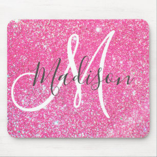 Girly Glam Hot Pink Glitter Sparkles Monogram Name Mouse Pad