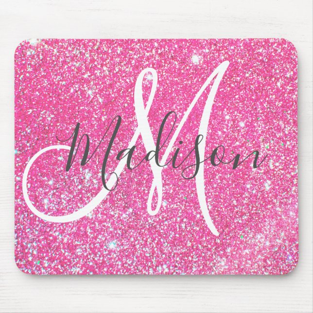 Girly Glam Hot Pink Glitter Sparkles Monogram Name Mouse Pad (Front)