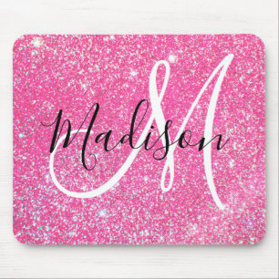 Girly Glam Hot Pink Glitter Sparkles Monogram Name Mouse Pad