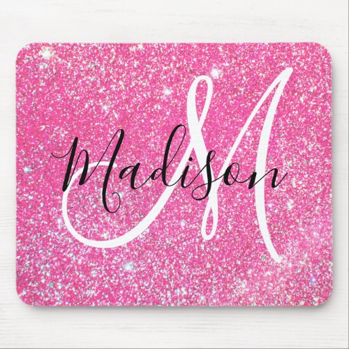 Girly Glam Hot Pink Glitter Sparkles Monogram Name Mouse Pad