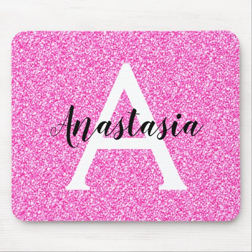 Girly Glam Hot Pink Glitter Sparkles Monogram Name Mouse Pad