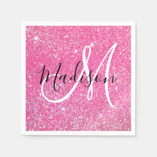 Girly Glam Hot Pink Glitter Sparkles Monogram Name Napkins