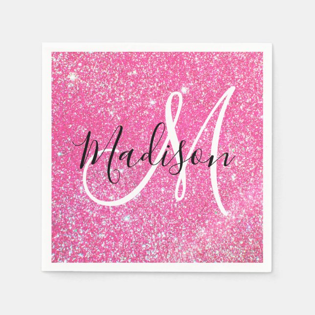 Girly Glam Hot Pink Glitter Sparkles Monogram Name Napkins (Front)