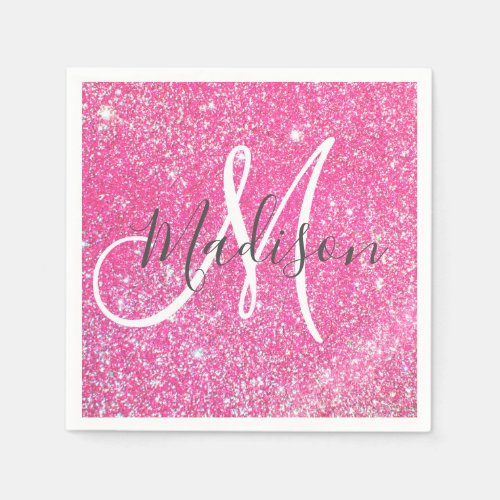 Girly Glam Hot Pink Glitter Sparkles Monogram Name Napkins