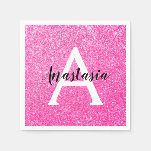 Girly Glam Hot Pink Glitter Sparkles Monogram Name Napkins