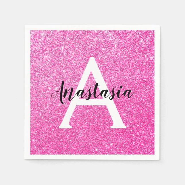 Girly Glam Hot Pink Glitter Sparkles Monogram Name Napkins (Front)