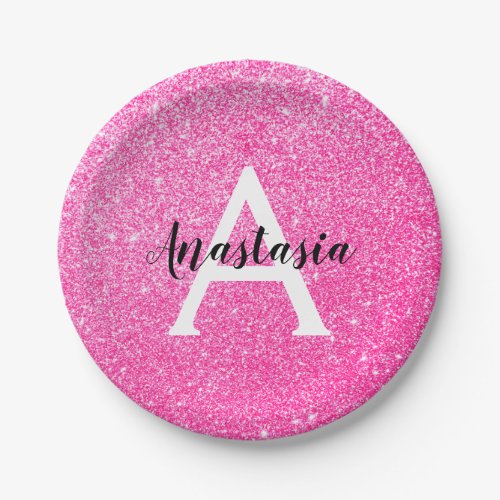 Girly Glam Hot Pink Glitter Sparkles Monogram Name Paper Plates