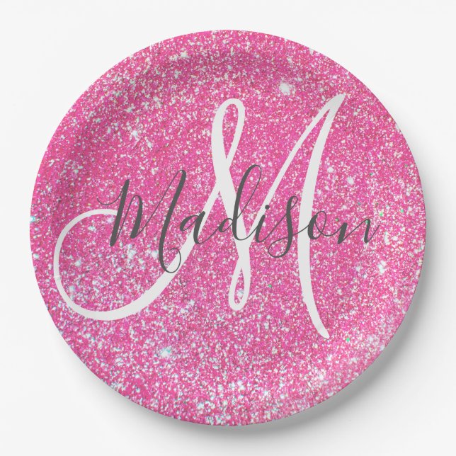Girly Glam Hot Pink Glitter Sparkles Monogram Name Paper Plates (Front)
