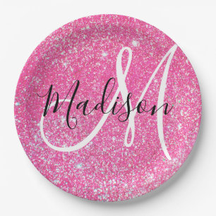 Girly Glam Hot Pink Glitter Sparkles Monogram Name Paper Plates