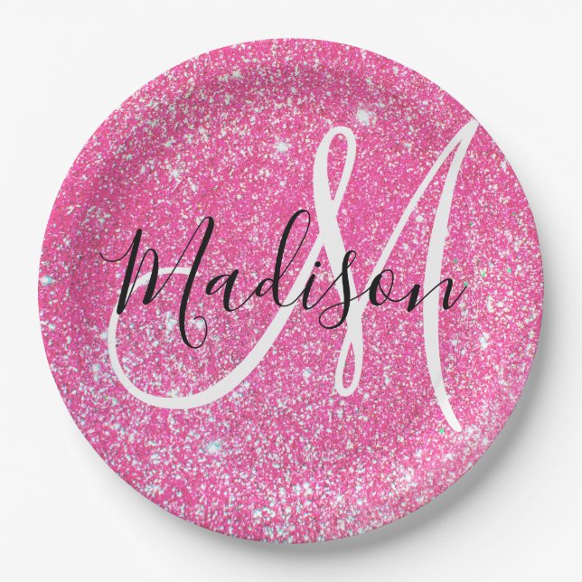 Girly Glam Hot Pink Glitter Sparkles Monogram Name Paper Plates (Front)