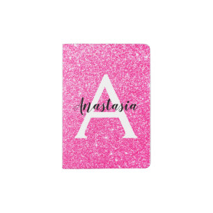 Girly Glam Hot Pink Glitter Sparkles Monogram Name Passport Holder