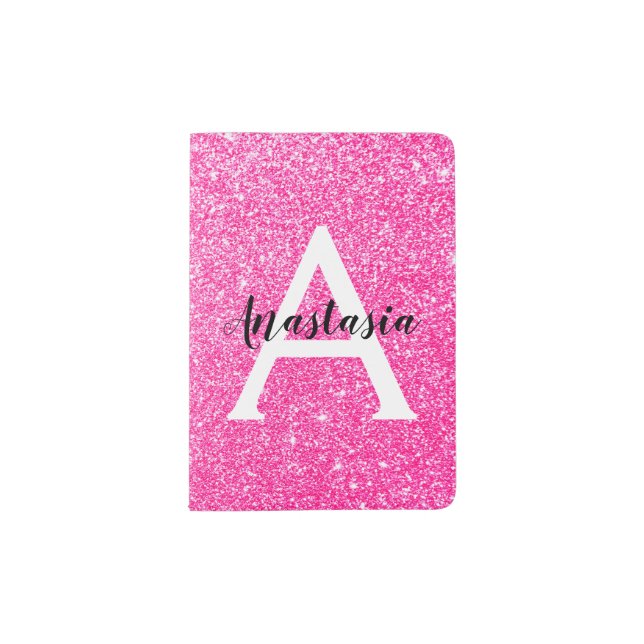 Girly Glam Hot Pink Glitter Sparkles Monogram Name Passport Holder (Front)