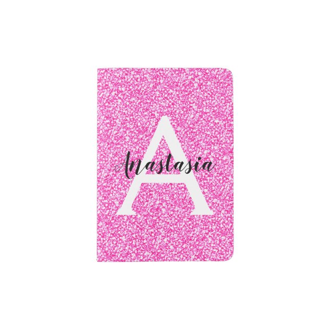 Girly Glam Hot Pink Glitter Sparkles Monogram Name Passport Holder (Front)