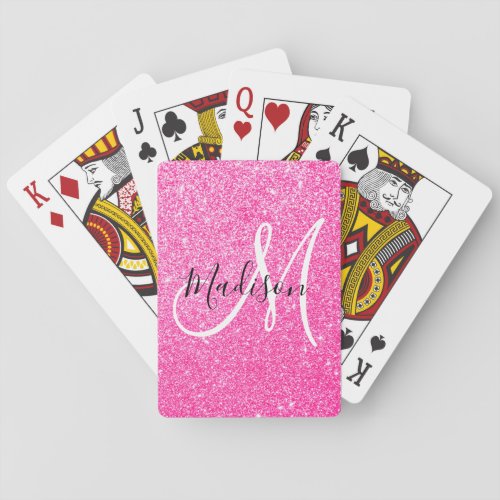 Girly Glam Hot Pink Glitter Sparkles Monogram Name Playing Cards