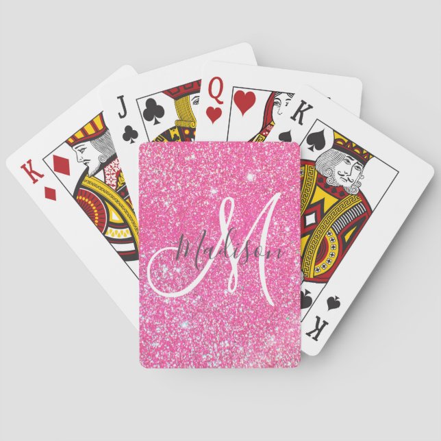 Girly Glam Hot Pink Glitter Sparkles Monogram Name Poker Cards (Back)
