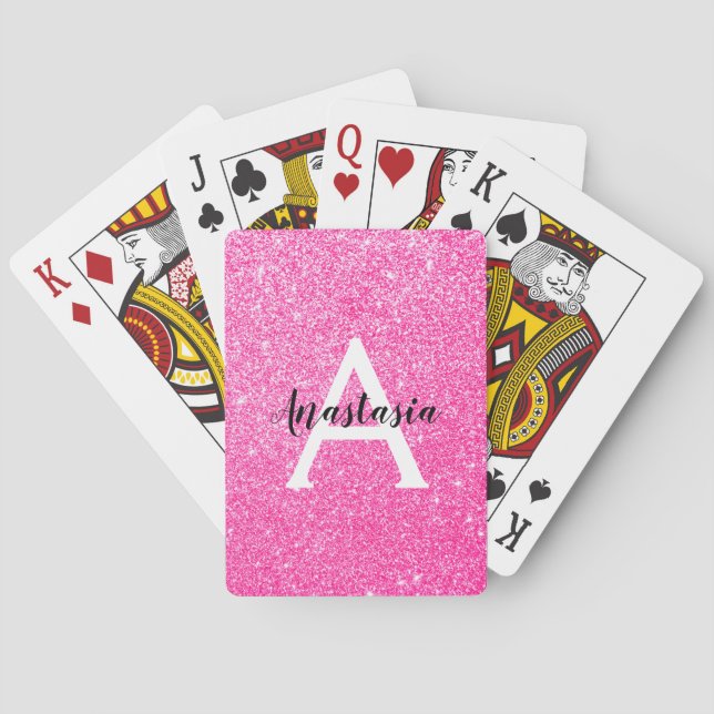 Girly Glam Hot Pink Glitter Sparkles Monogram Name Poker Cards (Back)