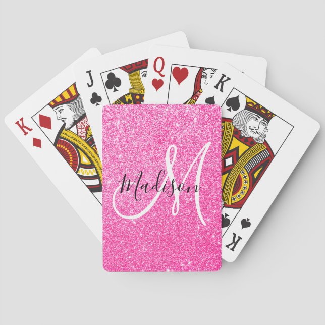 Girly Glam Hot Pink Glitter Sparkles Monogram Name Poker Cards (Back)