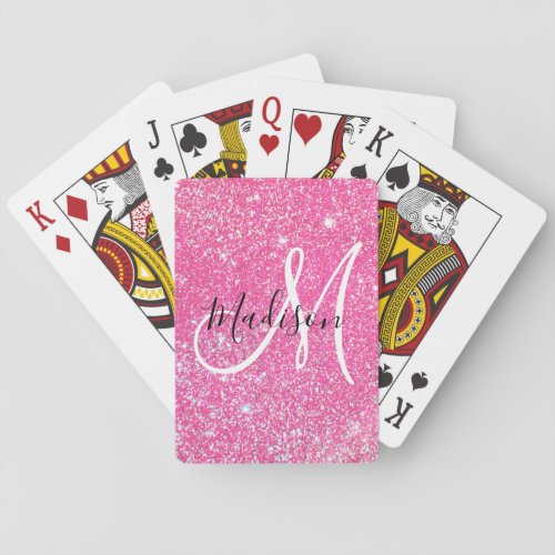 Girly Glam Hot Pink Glitter Sparkles Monogram Name Poker Cards