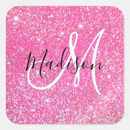 Girly Glam Hot Pink Glitter Sparkles Monogram Name Square Sticker