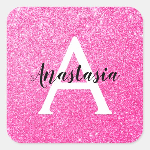 Girly Glam Hot Pink Glitter Sparkles Monogram Name Square Sticker