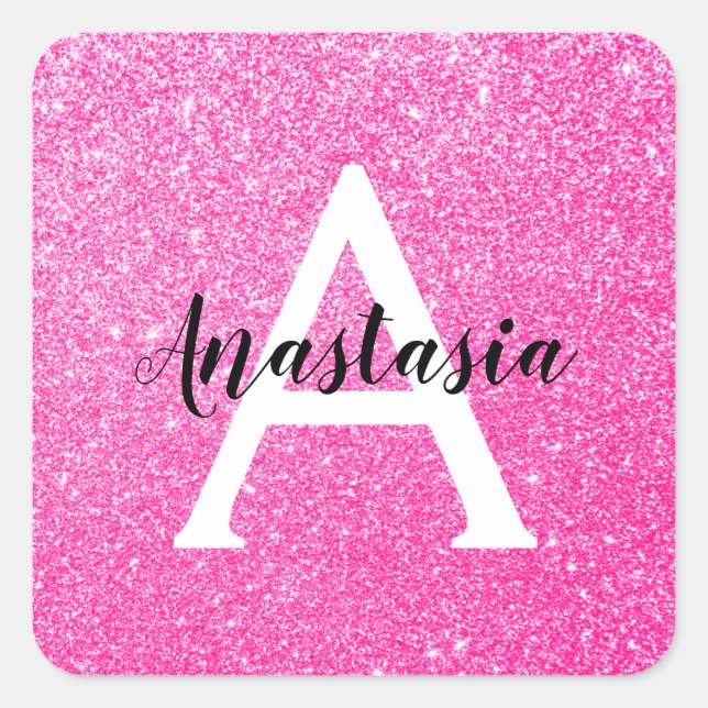 Girly Glam Hot Pink Glitter Sparkles Monogram Name Square Sticker (Front)
