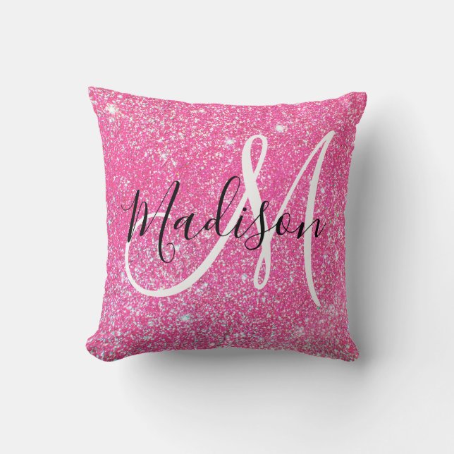 Girly Glam Hot Pink Glitter Sparkles Monogram Name Throw Pillow (Front)