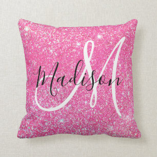 Girly Glam Hot Pink Glitter Sparkles Monogram Name Throw Pillow