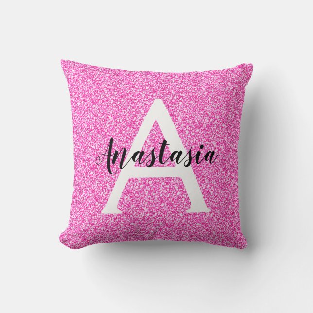 Girly Glam Hot Pink Glitter Sparkles Monogram Name Throw Pillow (Front)