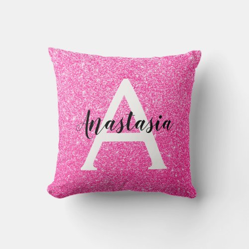 Girly Glam Hot Pink Glitter Sparkles Monogram Name Throw Pillow