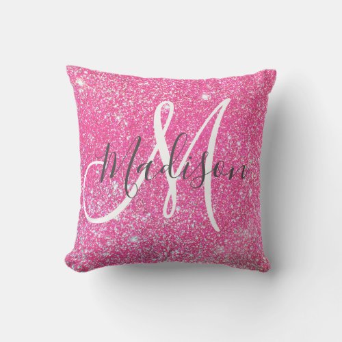 Girly Glam Hot Pink Glitter Sparkles Monogram Name Throw Pillow