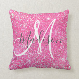 Girly Glam Hot Pink Glitter Sparkles Monogram Name Throw Pillow